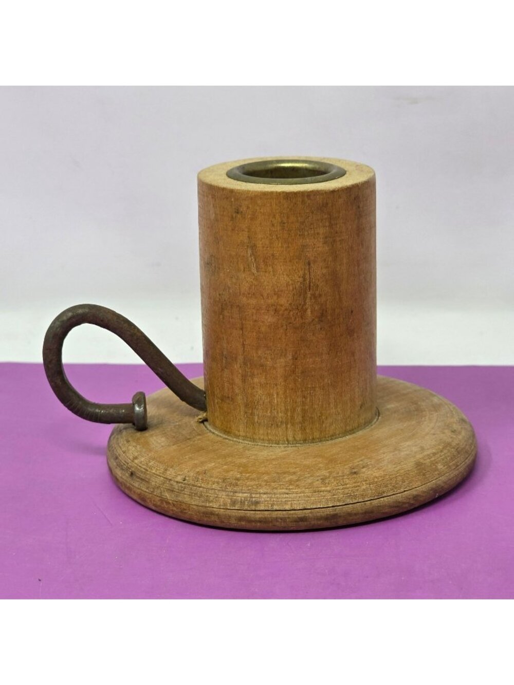Vintage Handmade Wood Candle Holder Rustic Handle Round Design Decor Accent
